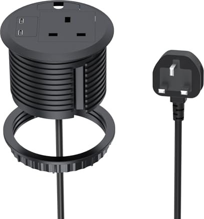 Desk Power Socket with USB C PD20W, BQO Desk Grommet 80mm Power Socket with 1 UK Plug, Recessed Power Strip with USB, 2M/6.56FT Cable(Black)