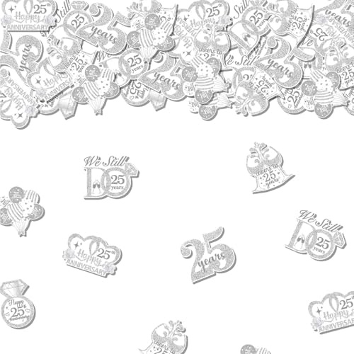 200pcs 25th Wedding Anniversary Glitter Confetti,Silver Happy 25th Anniversary Confetti Table Decoration 6 patterns Double Sides Wedding Commemorate Decoration DIY Craft Party Decorations