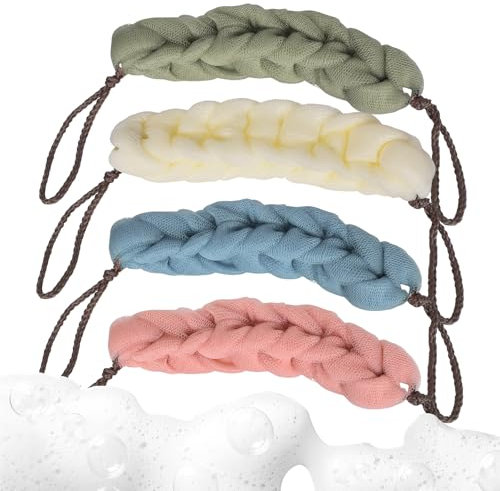 Éponge de Bain,Lot de 4 Éponges de Douche avec Ficelles Pratiques, Éponge Fleur Bain Filem,Éponge Bain Longue Maille,Éponge pour le Corps, Eponge Exfoliante,Couleurs Assorties,pour Homme et Femme