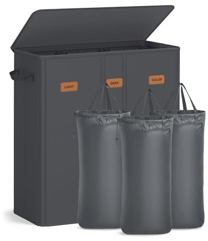SONGMICS Wäschekorb mit 3 Fächern, 160 L, mit Deckel, 5 Etiketten, herausnehmbarer und waschbarer Innensack, Waschküche Schlafzimmer, dunkelgrau RLH013G01