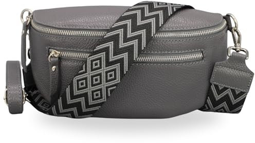 BRISE Bauchtasche Damen Echtes Leder Lucia Handgemachte Umhängetasche Crossbody Bag mit Ledergurt + Optionalen Breiten Gemusterten Riemen 3 Fächer Stylische Hüfttasche Made in Italy (Dunkelgrau - 2)