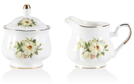 Sweejar Home Royal Ceramic Sugar and Creamer Set, 3 Piece Set with Cream Pitcher, Sugar Bowl, Sugar Set with Lid & Spoon, Coffee Serving Set Wedding Gift (Camellia)