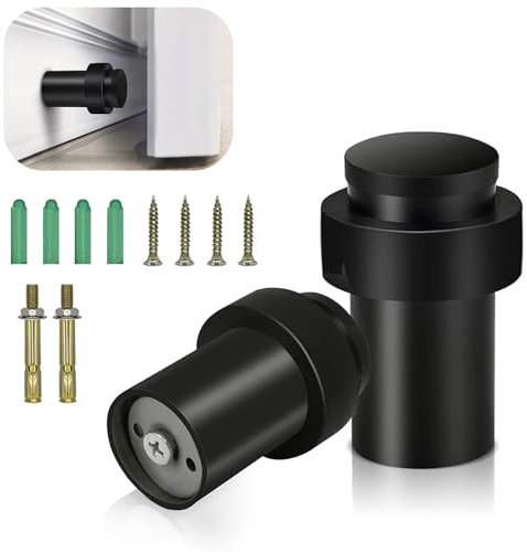 2Pcs Door Stoppers, 60mm Wall Mounted Door Stop, Stainless Steel Floor Mounted Door Stop with Screws – Ideal for Skirtings, Indoors & Outdoor Use(Black)