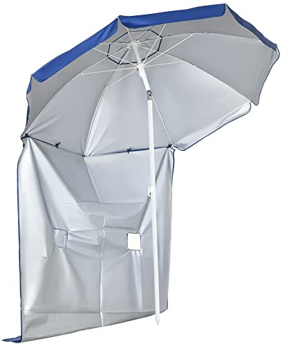 Outsunny Ombrellone da Spiaggia Ø1.9x2 m con Tettuccio Reclinabile a 45°, Tendina Laterale con Finestre e 2 Tasche, Ombrellone da Mare con 8 Stecche e Design a 2 Sezioni in Acciaio e Poliestere, Blu