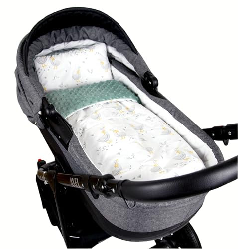 Babylux Babydecke Minky PLÜSCH Kuscheldecke 75x60cm + Kissen 35x30cm | 2-TLG Set für Kinderwagen, Wiege, Babyschale, Neugeborene (MP131 - Salbei + Gänschen)