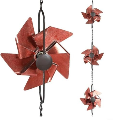 2.6m Metall Regenkette Deko Windmühle Outdoor Regenrinne Dekoration Regenrinne für Garten Hof Traufe Windmühle Rot