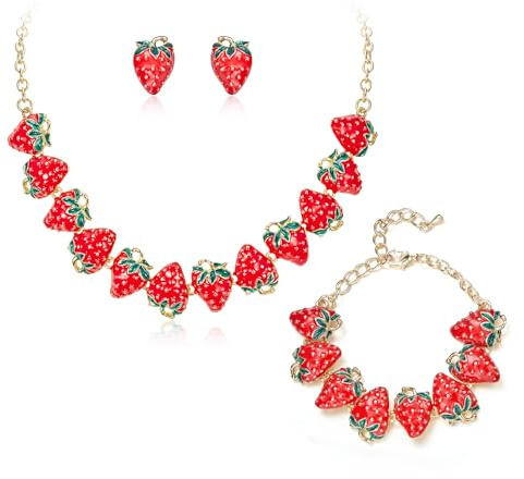 EVER FAITH Erdbeer-Schmuck-Set, niedliche Frucht rote Erdbeere Halskette Ohrstecker und Armband Sets Modeschmuck