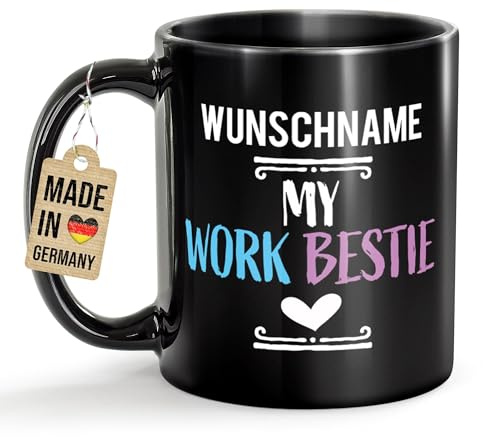 Tassendruck Schwarze Tasse mit Name personalisieren - My Work-Bestie - Personalisiertes Geschenk für Kollegin zum Geburtstag, Weihnachten, Lieblingskollegin - Keramiktasse, 300 ml