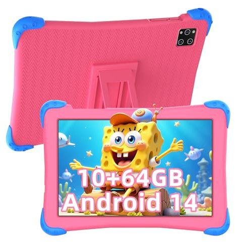 Kinder Tablet, 10 Zoll Android 14, 1280 * 800 HD-Display, 6000 mAh Akku, 10GB+64GB Erweiterbar, Quad Core, WiFi, Bluetooth, Doppelkamera, mit Lernsoftware für Kinder und Kindersicherung
