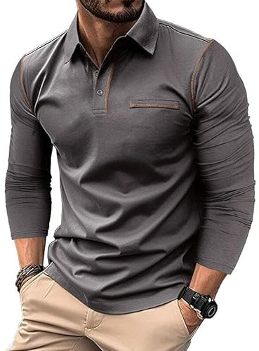 Volemo Mens Polo Shirts Casual Long Sleeve Tops Cotton Polo T-Shirts Golf Tops Dark Grey XL