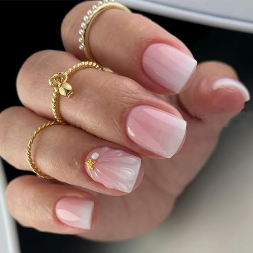 24 Stück Rosa Weiß Ombre Falsche Nägel Zum Aufkleben - Kurz Quadratische Künstliche Nägel 3D Effekt- Glitzer Fake Nails Vollflächige für Frauen Maniküre DIY (Gradient Rosa White, Kurz)