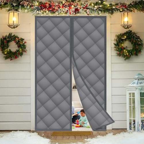 NUTKIT Magnet Wärmeschutzvorhang für Türen,90x200cm Thermo Türvorhang Grau | Isolier Schutz Vorhang, Winddicht Kälteschutz ohne Bohren Haustierfreundlich Thermovorhang für Balkontür Terrassentür