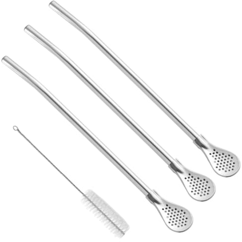 KEQAR 3-er Set silberne Edelstahl-Bombilla 18 cm, löffelförmig, spülmaschinenfest, inkl. Reinigungsbürste