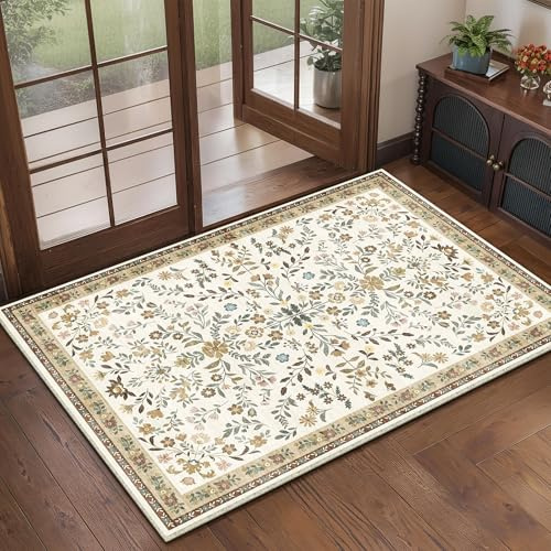 XSIVOD Washable Small Rug, Floral Non Slip Door Mat, 60x90cm, Beige/Harmony