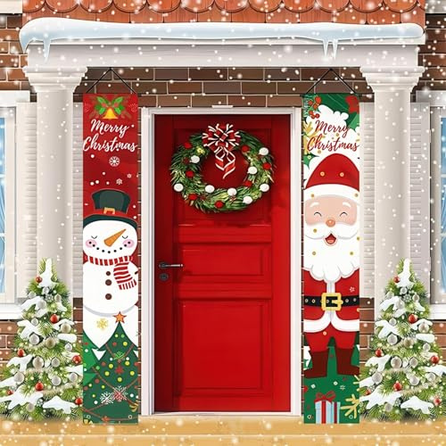 TAXTYHRE Weihnachtsbanner, Merry Christmas Banner, Frohe Weihnachten Banner, Niedliches Weihnachtsmann Schneemann, Weihnachten Deko für Winter Hof Wand Haustür Garten 180 X 30 cm (E)