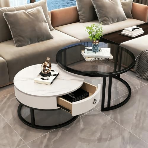 MJKCBD Coffee Table Set of 2, Stacking End Side Tables with Square Glass and Marble Top, Sofa Tea Table with Storage Drawers for Living Room Home Office (WHITEROUND)