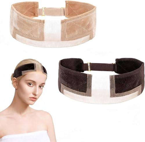 Tarqite 2 Stück Elastisches Perückengriff, Rutschfestes Wig Grip Band Samt, Perücke Stirnband, Verstellbare Perückenband für Damen Herren Sport Yoga (Hautfarbe + Dunkelbraun)
