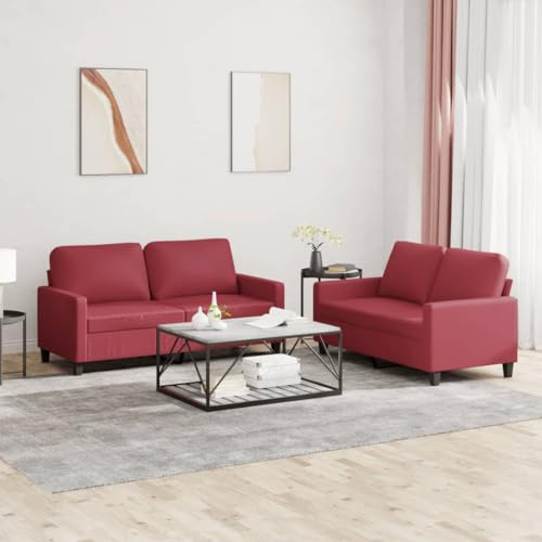 Ordellia 2-TLG. Sofagarnitur Weinrot Kunstleder, Modernes Design, Bequeme Polsterung für Wohnzimmer, Langlebig und Schmutzabweisend, Inklusive 4 Kissen