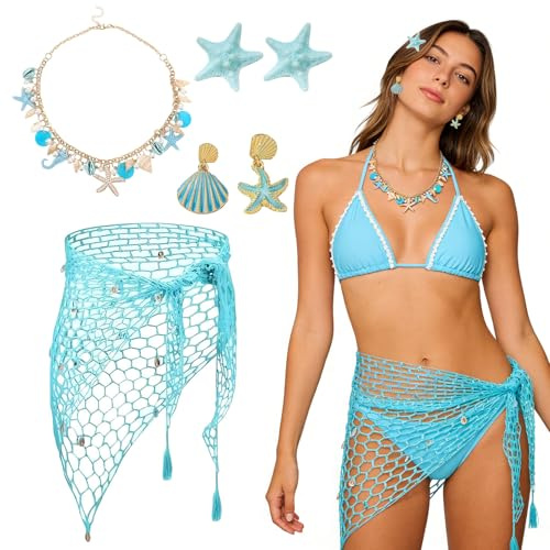 Crunier 6 Pcs Meerjungfrau Kostüm Damen,Sirenen Kostüm Meerjungfrau Zubehör Set mit Häkelrock Vertuschen,Seestern Haarspange,Muschel Ohrringe,Halskette,Muschelschmuck für Cosplay Karneval