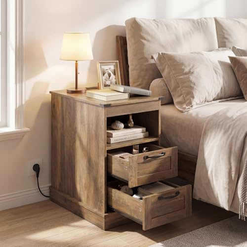 COSTWAY Table de Chevet avec Prise, Table de Nuit Connectée avec 2 Tiroirs MDF, 2 Prises, 2 Ports de Charge, Compartiment, Style Bois, Rangement Fermé Ouvert pour Salon, Chambre (1,Marron Rustique)