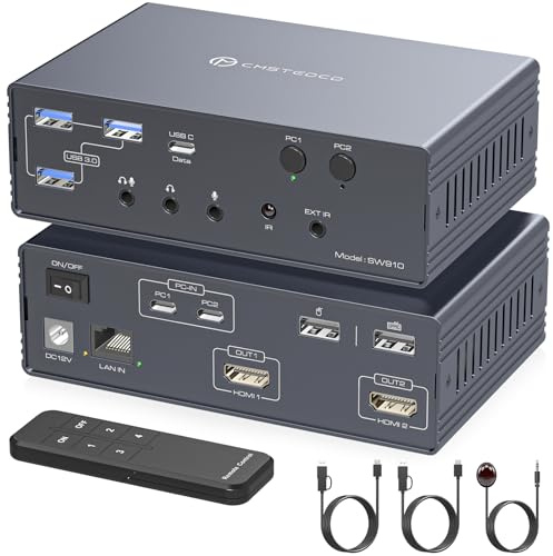 VEDINDUST 4K 120 Hz KVM Switch para 2 PC y 2 Monitores, Base Thunderbolt con 2 Puertos USB-C MST 1G, Ethernet 1G, Puerto para Auriculares y Micrófono, compatible con el Modo de Pantalla Ampliada