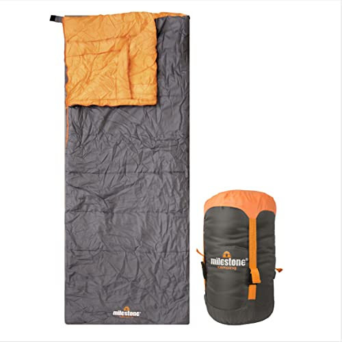 Milestone Camping, Grey, 26730 Single Envelope Sleeping Bag | 3 Season | Double Insulation | Full Length Dual Zip | Grey & Orange | Packs Down Tight | 210cm x 85cm