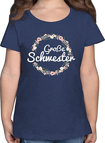T-Shirt Mädchen - Große Schwester I Geschenk - 128 (7/8 Jahre) - Dunkelblau Meliert - geschwistergeschenk für Grosse Big Sister Shirt Schwestern sis Tshirt große+Schwester+Shirt