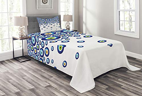 ABAKUHAUS Evil Eye Tagesdecke Set, Lively Türkisch, Set mit Kissenbezügen Waschbar, für Einselbetten 170 x 220 cm, Blau Grün