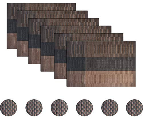 Pigchcy Lot de 6 Sous Assiette de Table, Tapis de Table a Manger Élégants en Vinyle avec Dessous de Verre Lavables (45 x 30 cm) Marron, Bambou 1 : marron., 6pc placemats and coaster