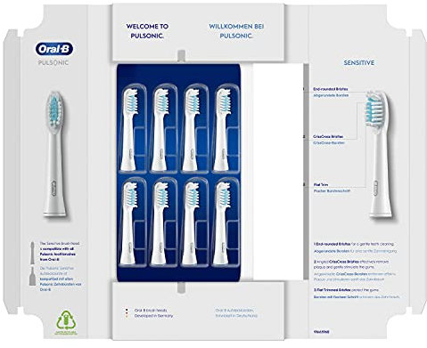 Oral-B Pulsonic Sensitive Aufsteckbürsten für Schallzahnbürsten, 8 Stück, Zahnbürstenaufsatz für Oral-B Schallzahnbürste, briefkastenfähige Verpackung