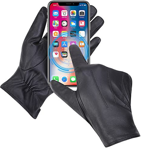 MGGM collection Herren Lederhandschuhe Touchscreen Kaschmir gefüttert,Schwarz,XL
