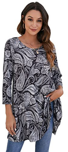 Enmain Black Tunic Tops for Women Tops Casual Longline Ladies 3/4 Sleeves Tunic Dress UK Elegant Tunics Blouse Shirts for Leggings,Black/White,XL