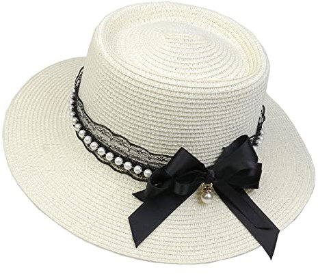 JK Home Womens Big Bowknot Wide Brim Concave Top Straw Hat Floppy Summer Sun Beach UPF50 Foldable Fedora Trilby Milk White