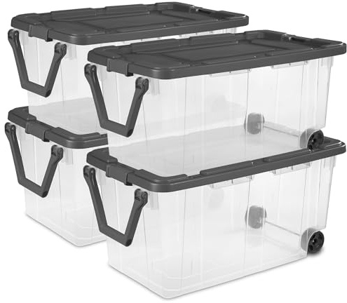 Sterilite 4-Pack Modular Stacker Box, Durable Clear Plastic Storage Bins with Latching Lids, 160 Quart - Stackable Organizing Container Boxes for Closet, Bathroom, and Office