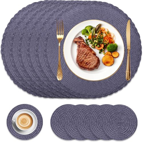 HEYOMART Round Placemats and Coasters Set of 6, Braided Woven Placemats Washable Heat Resistant Table Mats for Kitchen Dining Table Home Restaurant, Blue