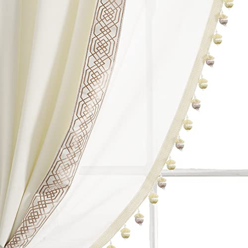 Lush Decor Luxuriöser Vintage-Samt-Vorhang, durchscheinend, mit Bommelborte, 1 Stück, 213,4 x 106,7 cm (L x B), elfenbeinfarben