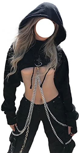 Gothic Punk Langarm Kapuze Crop Tops Halloween Rave Skelett Maske Hoodie Sweatshirt