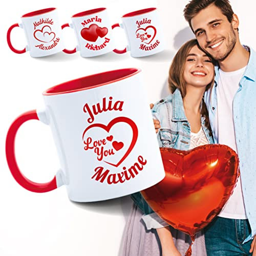 GRAVURE CONCEPT Mug Céramique Coeur & Prénoms -Mug Personnalisable 350mL - Idée Cadeau Saint Valentin (Rouge, Love Model 1)