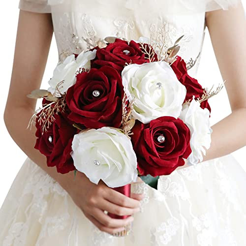 Blumenstrauß Romantische Hochzeit Künstliche Hochzeitsstrauß Koreanischen Rosenstrauß Bouquet Deko Brautjungfer Blumenstrauß Brautstrauß Brautstrauss Rosenstrauß Dekoration für Hochzeit,Rot Weiß