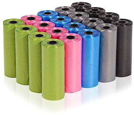 AiTodos® Lot de 300 Sacs à Crottes de Chien, 31 x 23CM, 5 Couleurs: Noir, Gris, Bleu, Rose, Vert; Matériau en Polyéthylène (20 Rouleaux de 15 Chacun)