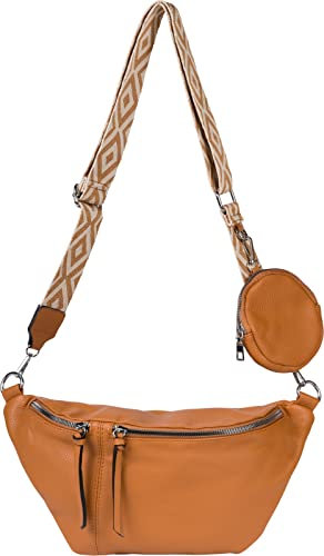 styleBREAKER Damen Halbmond Crossbody Schultertaschen Set 3-Teilig, Schultergurt mit Muster, Schlüsselanhänger, Börse 02012398, Farbe:Cognac