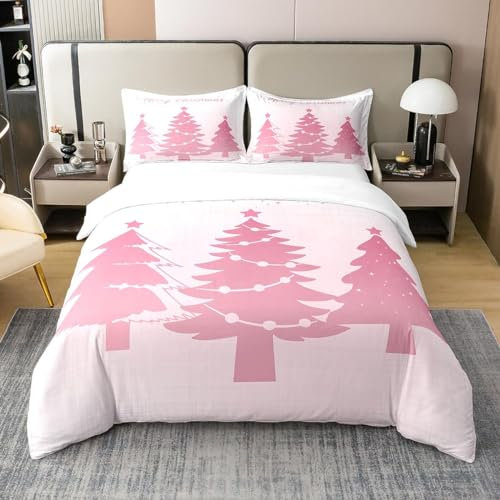 richhome Frohe Weihnachten 100% Bio-Baumwolle Bettbezug Set Rosa Weihnachtsbaum Tröster Abdeckung Set Schneeflocke Weihnachten Thema Bettwäsche Set 200x200