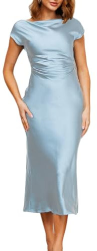 Satin-Kleid mit Flügelärmeln und gerafftem Rücken, Sommerkleid für Damen, elegantes Midikleid mit geraffter Taille für Hochzeitsgäste, Hellblau, Groß