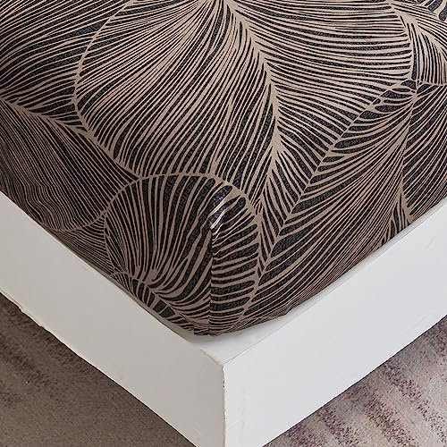 Spannbettlaken 150x200 cm - Tropisches Blättermuster - Spannbettuch Bis 30 cm Matratzenhöhe - Bettlaken Weiche Polyester-Mikrofaser Braun