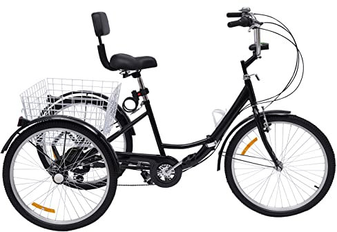 FortyFor 24 Schwarz Klapprad Dreirad, 7-Gang 3-Räder Rückenlehn Fahrrad mit Einkaufskorb und Manuelle Klingel für Erwachsene Senioren ältere Menschen, Mädchen, Jungen, Herren und Damen