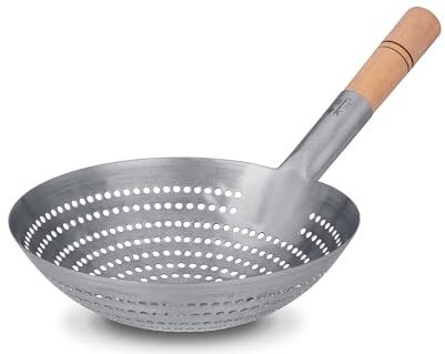 Craft Wok Großer runder Frittierkorb aus Edelstahl mit Holzgriff, professionelles Frittiersieb, langlebig, Küchenskimmer zum Kochen und Braten, 732W142