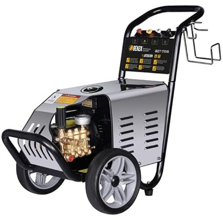 Benza BZT17015 – Hidrolimpiadora eléctrica Profesional 170 Bar, 3000 W, 15 L/min – Bomba latón, pistones INOX cerámica, 10 m Manguera Acero, Total‑Stop