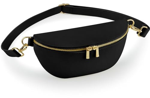 Damen Cross Body Bag längenverstellbarer Gurt Hüfttasche Bauchtasche für Damen aus mattem Kunstleder mit Metall Reissverschluss und Innenfach (Black-Gold)