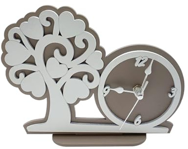 Ingrosso e Risparmio Bomboniera Matrimonio 1 pz Orologio da Tavolo in Legno con Albero della Vita Color Tortora e Bianco Simbolo Comunione Cresima (Standard)