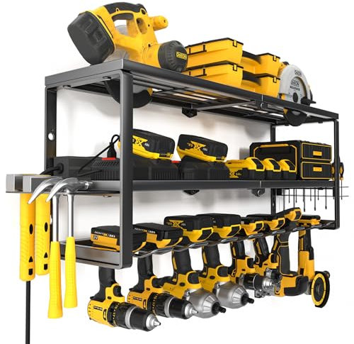 YYR Heavy Duty Power Tool Organizer with Charging Station, Cordless Drill Hanger Storage Rack, Battery Tools Holder Wall Mount Shelf for Garage - 32 Inch Equipped with Surge Protection Power Strip